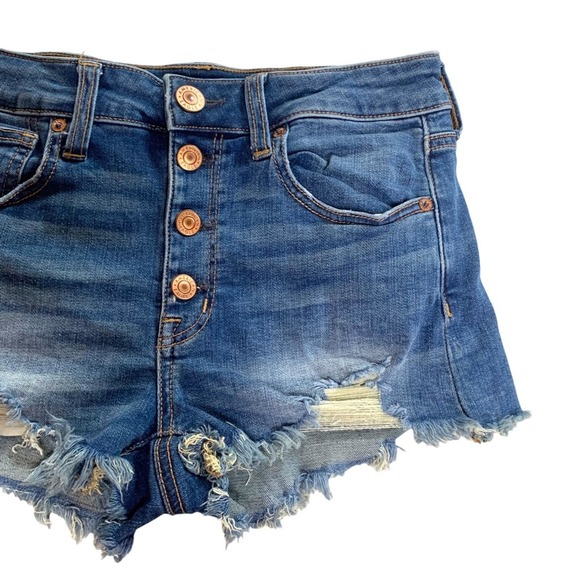 American Eagle AE Hi-Rise Shortie Denim Jean Shorts Button Fly Distressed Size 6 - Picture 3 of 14